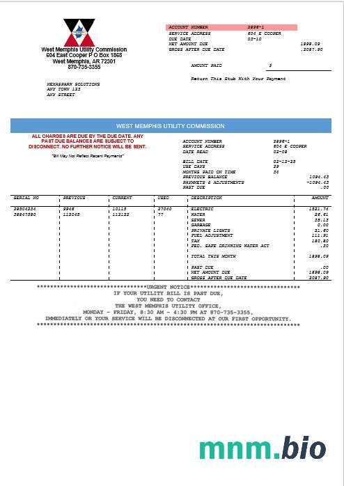 USA West Memphis business utility commission utility bill Word and PDF template